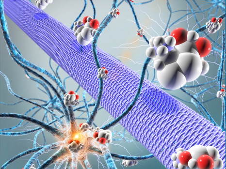 The organic electronic micropump (represented by a purple cylinder) directly releases among the neurons, active molecules (spheres) that will control the activity of these neurons (here they will stop the epileptic activity).  © Adam Williamson, Christophe Bernard, ID Labs, Arab4D (Christophe Bernard: Controlling Epileptiform Activity with Organic Electronic Ion Pumps. DOI: 10.1002/adma.201500482. 2015. Copyright Wiley-VCH Verlag GmbH & Co. KGaA. Reproduced with permission).